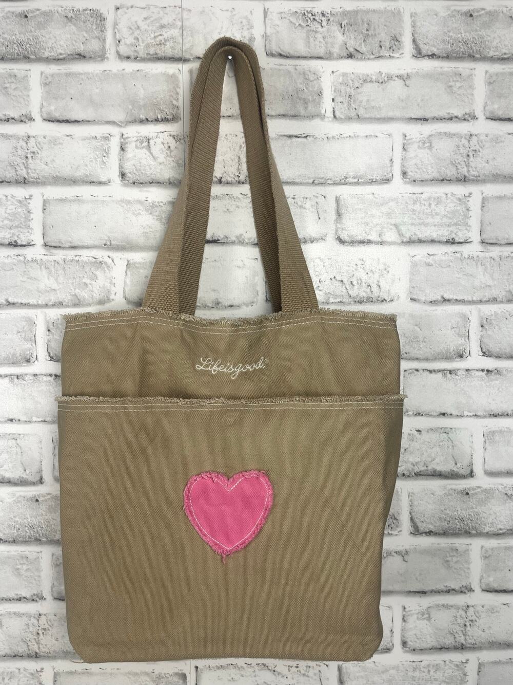 Life Is Good Canvas Tote Bag Tan Pink Heart Distressed Fringe Cotton Shoulder